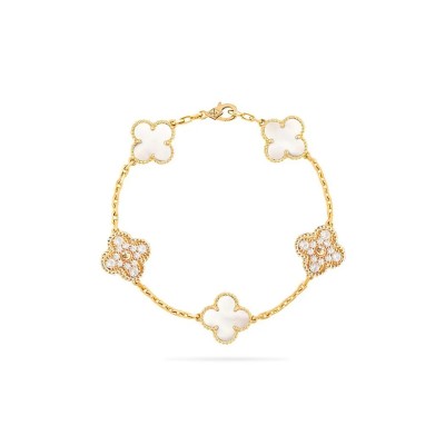 VAN CLEEF ARPELS ESSENCE MOTHER OF PEAL AND DIAMOND STATION BRACELET 
